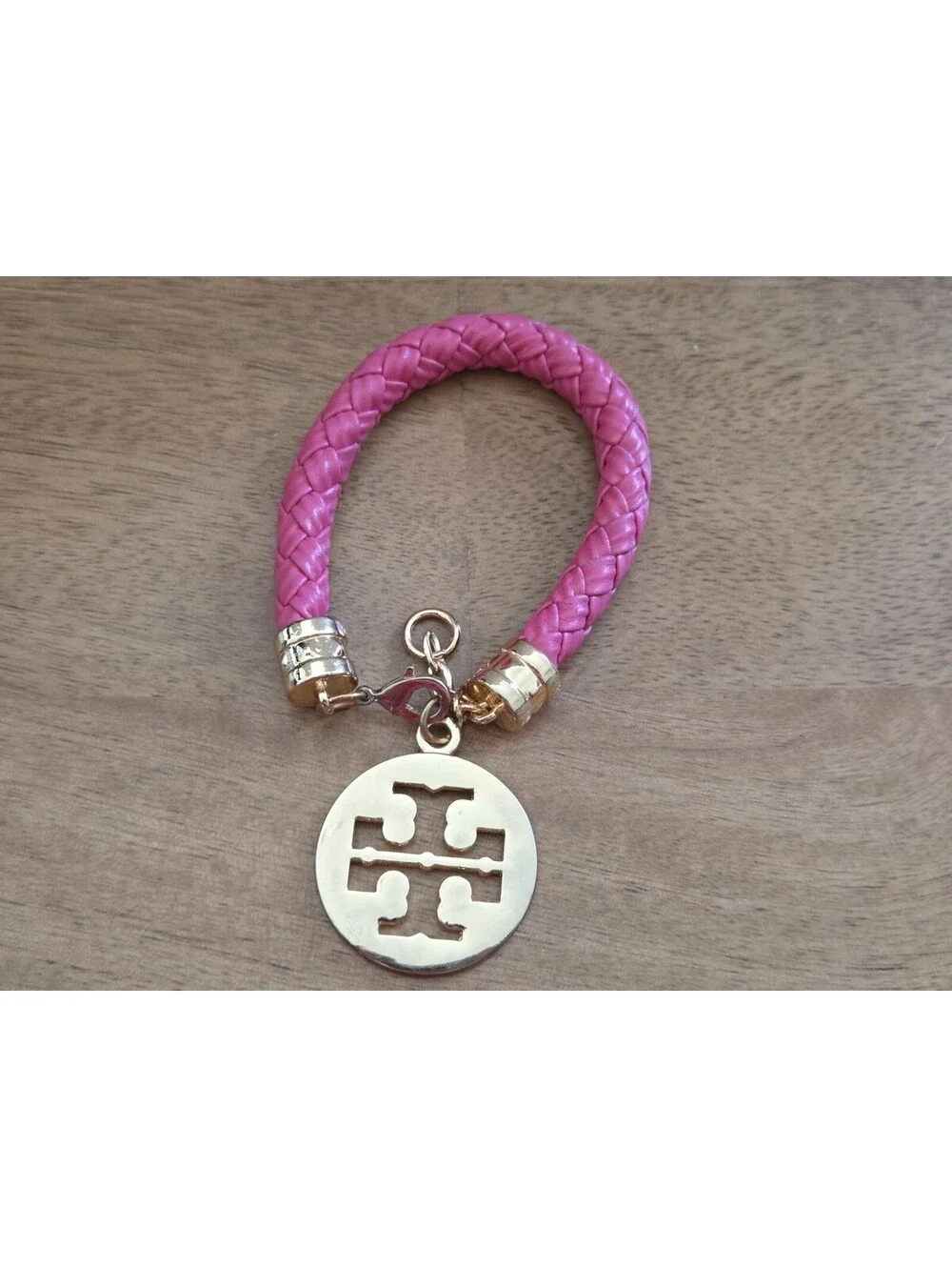 Tory Burch Pink Braided Leather Bracelet Gold Tone Double T Logo Charm